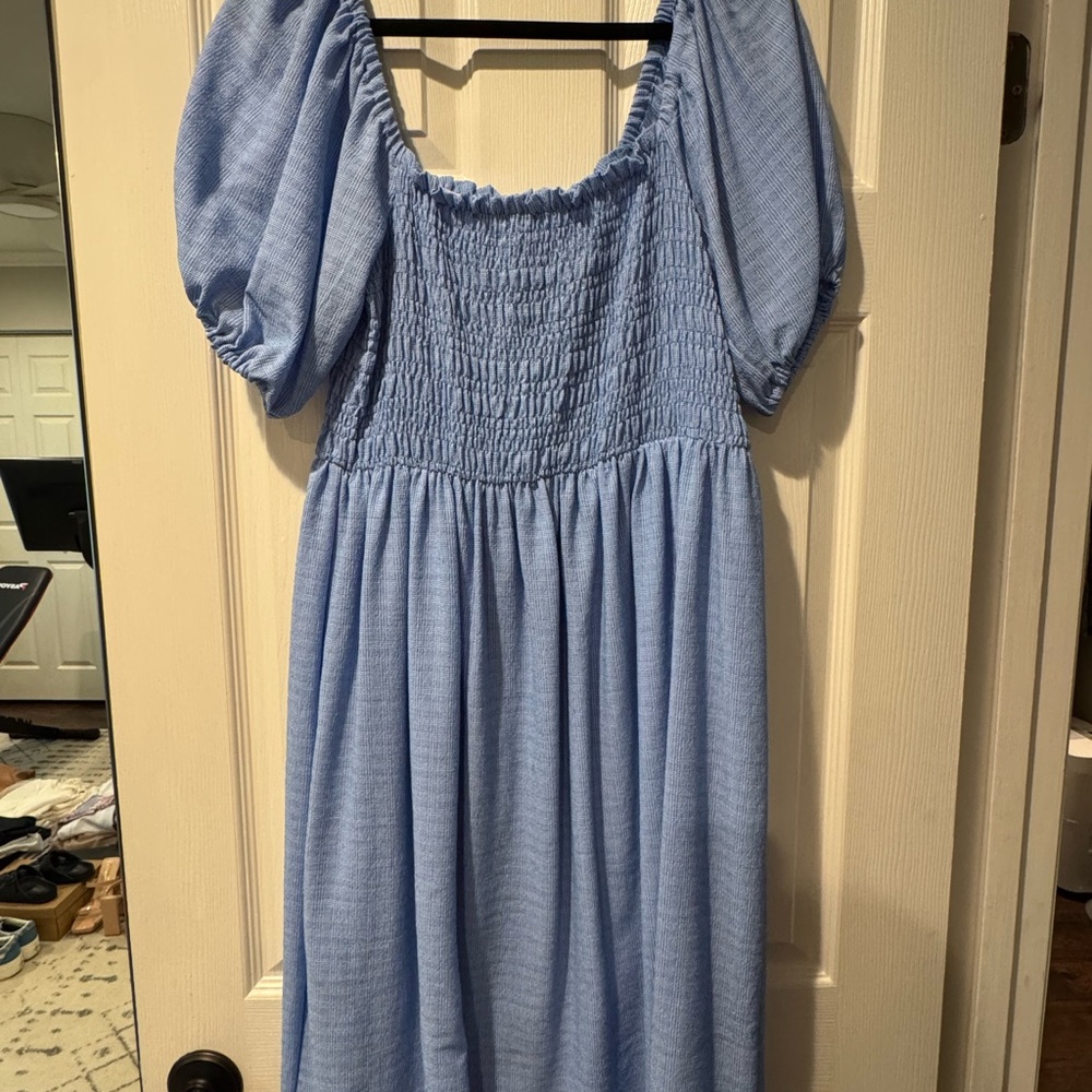 Blue Smocked Puff Sleeve Midi Sundress